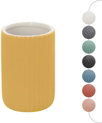 Portaspazzolini bagno da appoggio giallo cannettato in ceramica soft touch, bicchiere multiuso o porta penne, SPRING