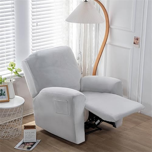 Hearda Sesselschoner für Relaxsessel, Samt Stretch Sesselschoner, 4-Teilig Relaxsessel Bezüge, rutschfest Recliner Cover, Waschbar Sesselbezug mit Taschen (Hellgrau)