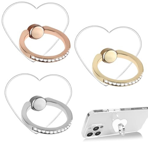 3Pcs Phone Ring Holder - Gold & Silver, Heart Shape, Rotatable, Adjustable Finger Holder