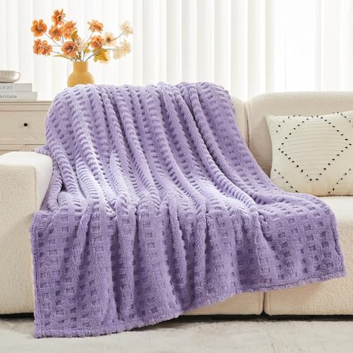 Wajade Kuscheldecke Flauschig Kunstfelldecke Decke Sofa Waffel Sofaüberwurf warm Sofadecke Comfort Couchdecke weiche Wohndecke für Couch und Bett 178 x 203 cm Lavender
