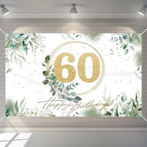 BORISCA Decoración para 60 Cumpleaños - Pancarta Verde, Blanco y Oro en Español - Cartel de Fondo de 60 Año Happy Birthday para Fiesta y Adornos