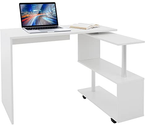 ML-Design Escritorio Esquinero en Forma de L 150x88x75 cm Blanco Brillante Mesa Giratoria de Ordenador PC Estación de Trabajo Estudio Mueble con Estanterías y 4 Ruedas Adecuado para el Hogar y Oficina