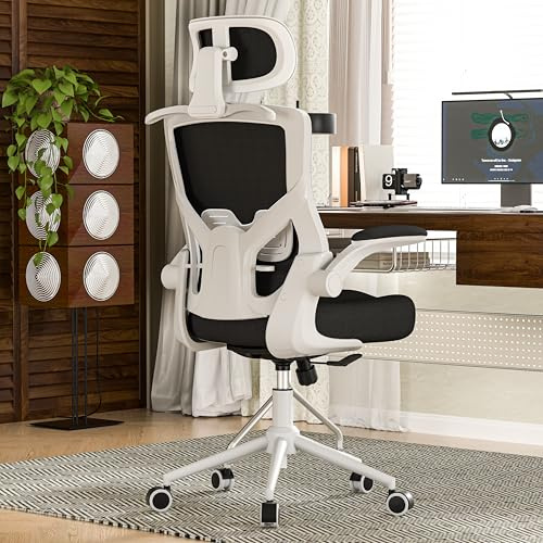 FOKESUN Silla Ergonómica de Malla con Soporte Lumbar y Reposacabezas Ajustable - Silla de Oficina Alta con Asiento de Espuma, Bloqueo y Perchero (Negro/Marco Blanco)
