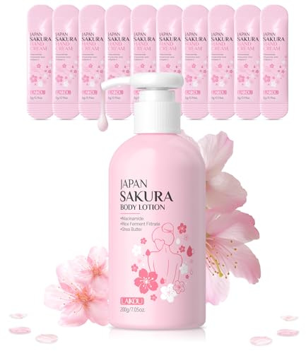 LAIKOU Sakura Body Lotion 200g, Hydrating Moisturiser with Niacinamide & Vitamin C, Enriched with Shea Butter for Soft, Glowing Skin, Non-Sticky, Fast-Absorbing, Includes 10x 3g Hand Cream Samples