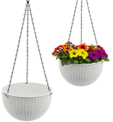 Blumenampel weiß in Rattan Optik 23 cm - 2er Set - Kunststoff Hängeampel mit Ablauf und Metallkette - Garten Deko Hänge Blumentopf Pflanztopf Pflanzschale Blumenschale Hängetopf Pflanzenhänger