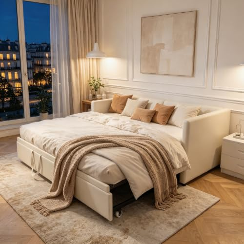 Tagesbett Ausziehbar 90x200 / 180x200 cm – Schlafsofa Polsterbett ausziehbar mit Gästebett, Samt Schlafcouch zum Doppelbett für 2 Personen, Lattenrost, platzsparend, ohne Matratze (Beige)