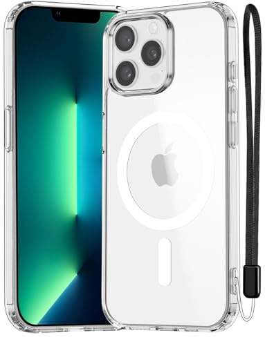 NEW'C Magnetisch Hülle für iPhone 13 Pro (6,1 Zoll) kompatibel mit MagSafe Ultimate, stoßfest-starker Magnetismus und militärischer Schutz-schlanke Hülle mit Umhängeband-Transparent