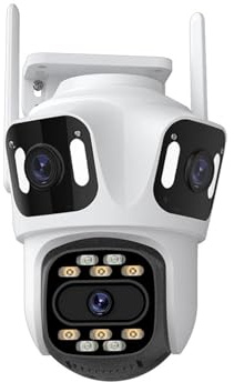 KVBRUI Caméra IP PTZ extérieure à Trois objectifs, 6K HD, Trois écrans, WiFi, Suivi Automatique, Double Objectif 4K(UK Plug,6K with 256G)