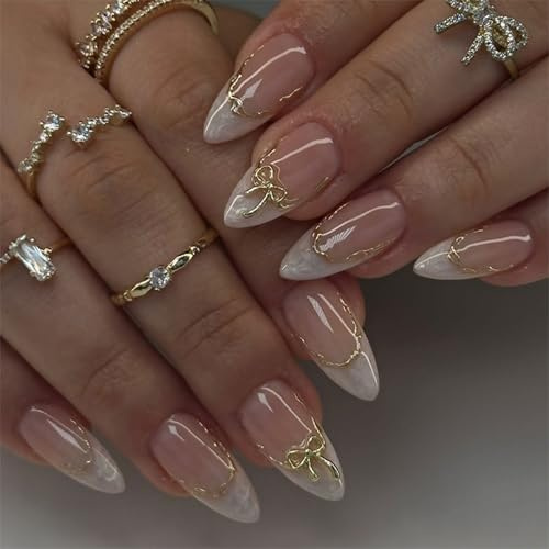 24pcs Medium Almond Nail Tips,Golden Stripes & Bow French Tip False Nails Design,12 Sizes Acrylic Full Cover Nail Glue for Women, Fake Nails with Glue DIY Nail Art for Gilrs