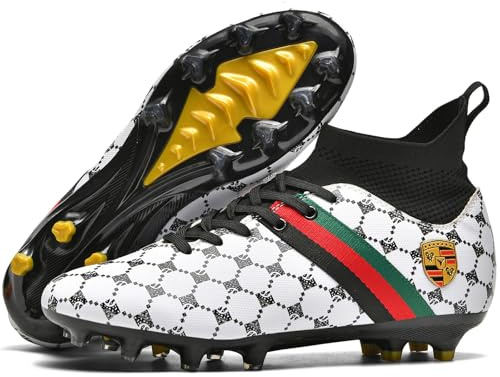 Kmrlofiy Fotbollsskor herr High Top Spike Cleats professionella fotbollsskor pojkar barn utomhus atletiska skosnören sportskor träningsskor, Vit 1, 44 EU