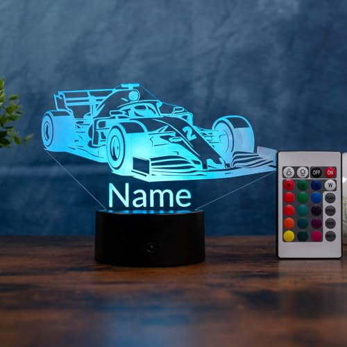 Optechvisual Fórmula 1 lámpara personalizada – Luz nocturna LED con nombre, fórmula de regalo para niños y hombres, decoración para habitación de niños, dormitorio y amantes de los deportes
