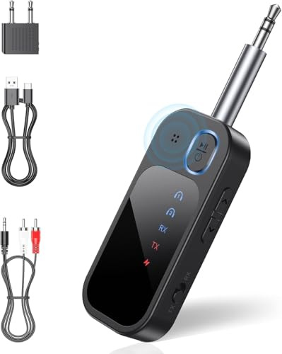 Bluetooth 5.4 Adapter für Flugzeug, 2 in 1 Bluetooth Transmitter Empfänger für 2 Air-pods, 3,5mm AUX Klinke Transmitter Sender, Unterstützt TF Card, Blue tooth Splitter für TV, Tablets & Stereoanlage