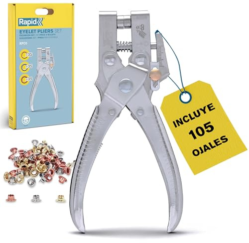 Rapid RP05 Ösenzange Set mit Lochfunktion – Inklusive 105 Ösen (4 mm), Verchromt, Für Leder, Textilien, Schuhe, Segeltuch – 2-in-1 Ösenzange und Lochzange