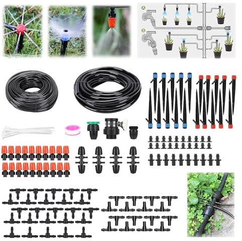 223FT Drip Irrigation System Kit, Automatic Garden Greenhouse Watering Set | 2 Sizes Tubing, 40 Adjustable Sprayer Nozzles & Sprinklers, for Yard Lawn Plants Flower Bed
