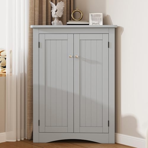 Hörnskåp badrumsskåp grått 90 cm badrumsmöbler stående MDF lackerat platsbesparande hörnbyrå med 2 dörrar och fack, gott om lagringsutrymme för badrum, kök och vardagsrum