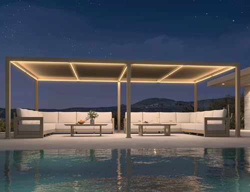 PURPLE LEAF Pergola Bioclimatica in Alluminio 3,5 × 7,2 m con LED, Pergola Giardino Esterno a Tetto Orientabile, Anti-UV e Impermeabile, Senza Manutenzione, Alta Stabilità, per Terrazza, Champagne