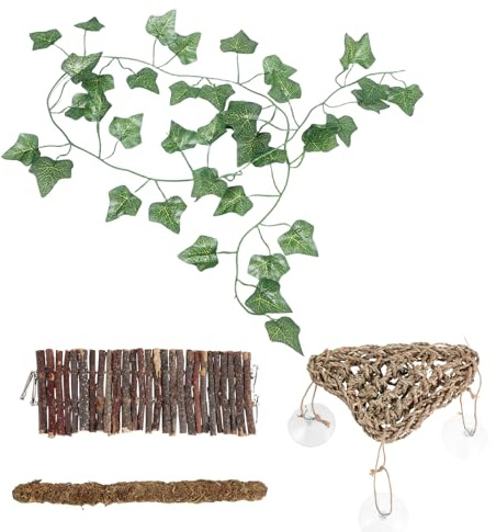 Angoily Pont en Bois Naturel, Hamac Triangulaire, Vigne en Mousse et Décorations Herbacées pour Terrarium, Pont d'escalade et Enrichissement Habitat Lézards et Serpents