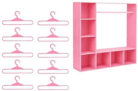 FewNvWa Puppenkleiderschrank mit 10 Haken, Inklusive Tragbarer Aufbewahrungsbox Und Figurenregal, Geeignet für Die Heimdekoration, Rosa