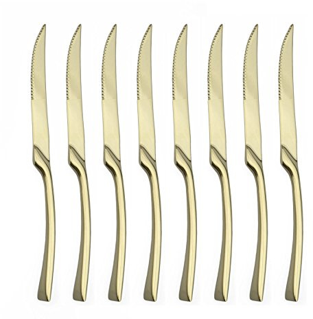 BRIIEC Mirror Polishing Champagne Gold 8 Pieces 18/10 Stainless Steel Serrated Steak Knife Silverware Set