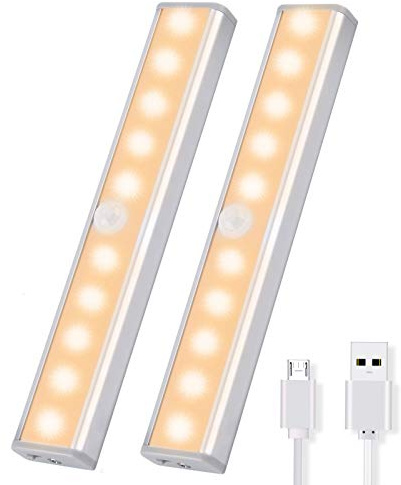 OUSFOT Skåplampor med rörelsedetektor, skåpbelysning, LED, trådlös, garderob med 4 magnetiska remsor, skåpljus, varmvit 2 st