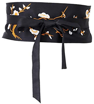 chiwanji Vintage Japan Obi-Gürtel Wickelgürtel Bestickt Damengürtel für Cosplay Kostüm und Alltags - Schwarz, 235cm