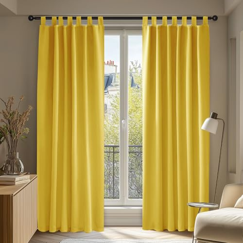 Deconovo Cortina Opaca con Trabillas, 2 Piezas, Cortinas de protección Solar para Dormitorio, Ventana, Encaje y Listo, 140 x 290 cm, Color Amarillo limón