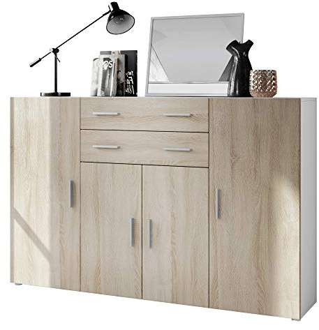 Vladon Highboard Aron Anrichte mit 2 Schubladen und 4 Türen mit insgesamt 8 Fächer dahinter, Weiß matt/Eiche sägerau (166,5 x 106,5 x 35 cm)