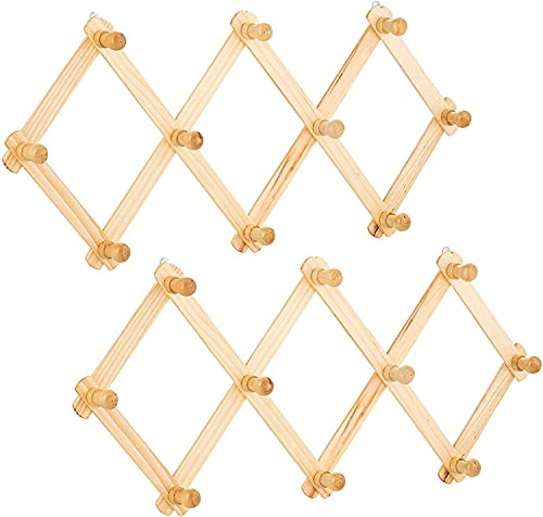 RARAA Set of 2 Accordion Style Wood Expandable Rack Hat, Cap, Belt, Umbrella Coffee Mug Wall Wooden Pegs