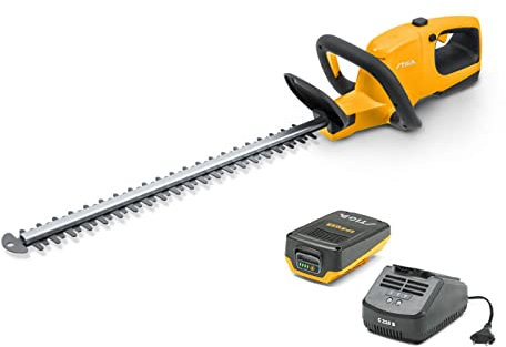 Stiga Battery-Powered Hedge Trimmer HT 100e Kit, Double-action blade of 55 cm, Teeth-spacing 18 mm, ePower battery, 20 V (2 Ah), 150 W, and charger included, Yellow/Grey/Black