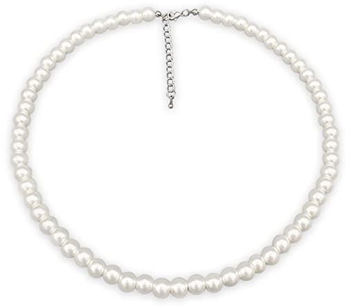 LIHELEI Perlenkette, 6mm Pearl Necklace, Silber Imitation Perle Halskette Damen, Pearl Orb Choker, Perlenkette für Herren, Hochzeit Braut Schmuck Accessoires -45cm Länge