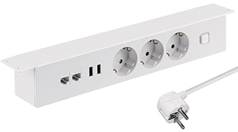 Aluminium Office Steckdosenleiste 3-Fach, USB-A, Internet CAT6 LAN