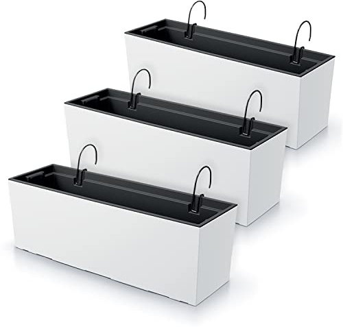 IMJ-Global Set di 3 Vasi per Fiori Piante Rettangolari Urbi Case W In Plastica 58x18,5x19,5cm Da Interno Esterno Bianchi Volume 18 Litri Design Moderni