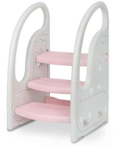 Onasti Step Stool for Kids, 3-Step Height Adjustable Toddler Step Stool, Plastic Learning Tower, Kitchen Helper, Toilet Steps with Handles and Non-Slip Pads, for Counter, Bathroom & Sink (Pink)