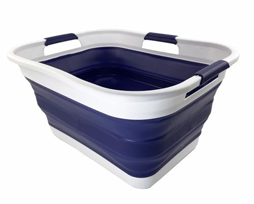 SAMMART 30L zusammenklappbarer Wäschekorb aus Kunststoff – faltbarer Pop-Up-Aufbewahrungsbehälter/Organizer – tragbare Waschwanne – platzsparender Wäschekorb (1, Weiß/Marineblau)