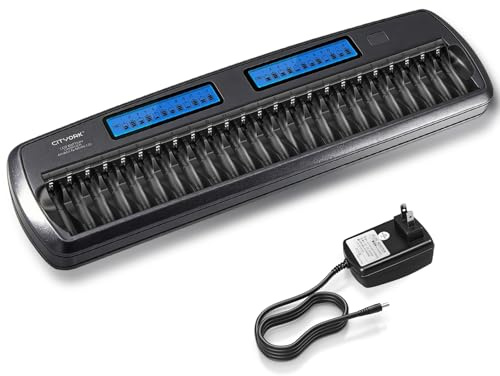 CITYORK 24 Bay AA AAA Large Battery Charger Smart LCD Display with Discharge Function for 1.2V AA/AAA NiMH/NiCd Rechargeable Batteries Built-in IC Protection (Car Charger&AC Wall Adapter Included)