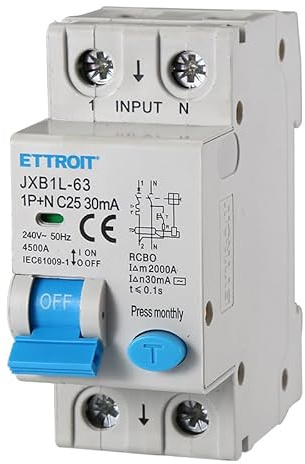 ETTROIT INTERRUTTORE MAGNETOTERMICO DIFFERENZIALE SALVAVITA PER BARRA DIN 2 MODULI 1P+N 25A C25 240V 30mA 4.5KA
