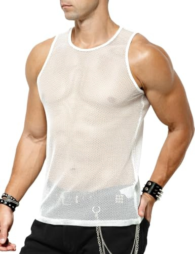 Casey Kevin Transparente Camiseta de Tirantes Malla para Hombre Rejilla Fishnet Camiseta de Mangas para Clubwear Club, S