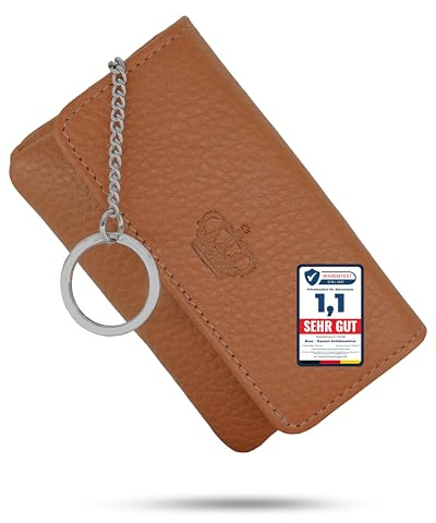 Baur Damen Schlüsseletui aus echtem Leder – Schlüsselmäppchen mit Metall-Schlüsselring und Druckknopfverschluss – Kleine Geldbörse mit Reißverschlussfach für Scheine, Münzen & Karten (Cognac)