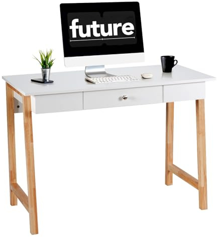 LIFEZEAL Scrivania con 1 Cassetto, Gambe in Legno Massello, Scrivania Ufficio Porta Computer, Salvaspazio, Compatto, Moderno, Scrittoio, Postazione di Lavoro, per Studio, Max 54kg, 106x50x75,5 cm