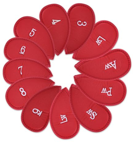 Golfklubbans järnhuvudskydd, 12 st golfheadcover set, tjockt syntetiskt läder golf järnhuvudskydd set passar alla varumärken titleist, callaway, ping (röd)