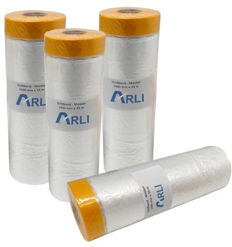 ARLI Goldband Masker 1400 mm x 25 m Abdeckfolie mit Klebeband Malerfolie Baufolie transparent HDPE Folie mit Washi Tape für Abdeckarbeiten im Innen- und Außenbereich (4 Stück/Rollen)