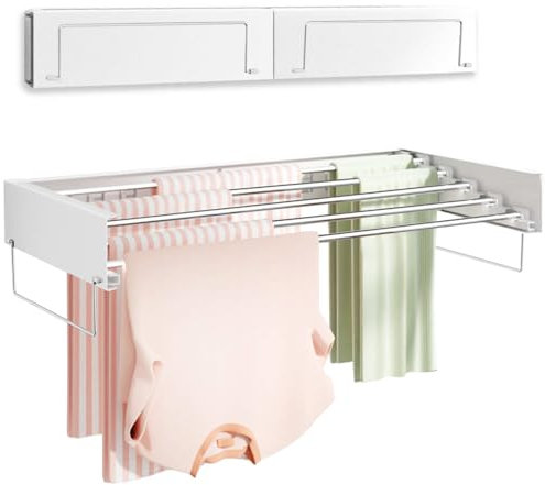 Vikaqi Wall Mounted Clothes Drying Rack, Foldable Wall Mount Laundry Drying Rack Folding Indoor, Drying Rack Clothing Collapsible, Towel Drying Rack with Wall Template, 5 Rods, 32, White