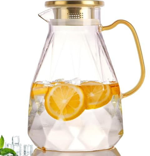 Khen Jarra de vidrio, jarra de agua de 2.2 L con tapa, jarra de té helado para nevera, jarra grande para bebidas frías/calientes, 2 cuartos de galón