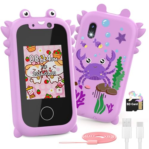 Ashfly Telephone Portable pour Enfants, 2.4 Smartphone Enfant Jouets Enfant 3 4 5 6 7 8 9 10 Ans, Jouet Electronique éducatif avec HD 1080P Double Caméra, SD Carte, 13 Jeux (Violet)