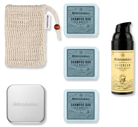 Störtebekker® Premium Dusch Routine Set - Festes Shampoo Sea Breeze (x3), Sisalsäckchen, Seifendose + Tagescreme - Shampoo Bar Set für Haare, Kopfhaut & Bart - Handgefertigt in Seifenmanufaktur