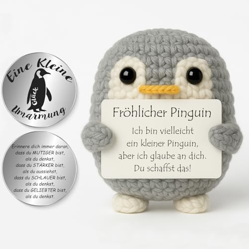 Tixlux Pocket Hug Fröhlicher Pinguin, Kreative Strickwolle Pinguin Figur und Kleine Umarmung Glücksbringer, Geschenke zur Einschulung, MutmacherGeschenk, EinschulungGeschenk (Grau)
