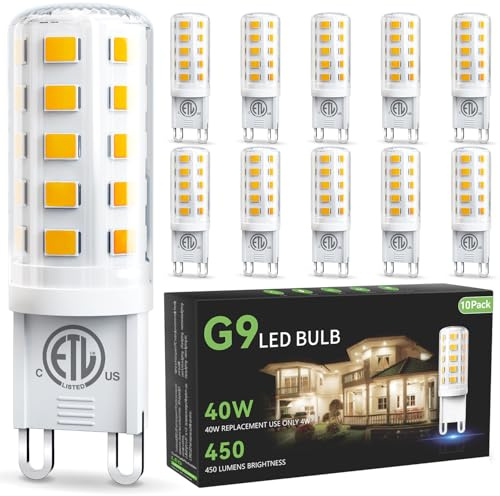 VOLIVO 10 Pack G9 LED Bulb 4W, 3000K Soft Warm White, 40 Watts Halogen Replacement T4 G 9 Bi Pin Base, Non-Dimmable No Flicker 120V 450 LM 360°Beam Angle, G9 Light Bulbs for Chandelier