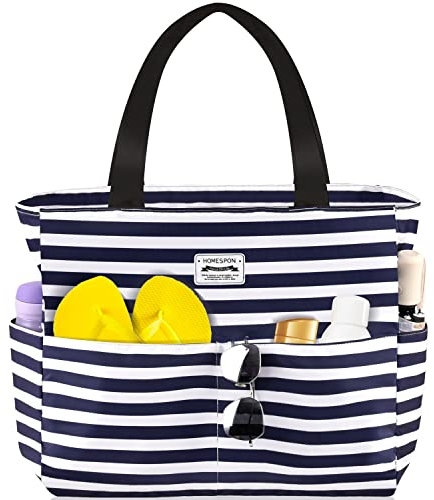 HOMESPON Große Strandtasche Damen mit Reißverschluss Wasserdicht Badetasche XXL Familie Beach Tote Bag, Blau/Weiß gestreift