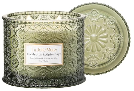 LA JOLIE MUSE Eucalyptus & Apline Sage Scented Candle | Eucalyptus, Sage, Lavender | 12 oz Double Cotton Wick Soy Candle | 60 Hours Clean Burn | Daily Relaxation & Cozy Ambiance | Elegant Home Decor
