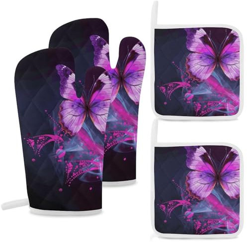 Purple Butterfly Oven Mitts and Pot Holders Set 4 Kitchen Oven Glove Cooking Mitts with Hanging Loop Heat Resistant Potholder Set for Chef Baking Cooking Grilling